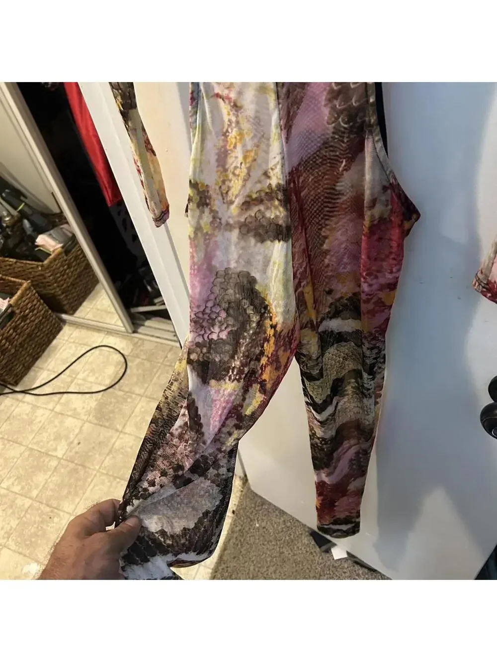 KToo multi-colored snakeskin print mesh jumpsuit with zipper and cut out hips